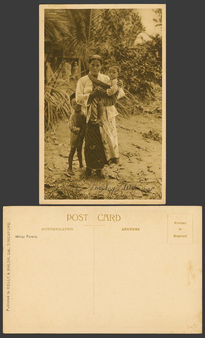 Singapore Old Postcard Malay Family, Woman Carrying Baby Child, Native Children