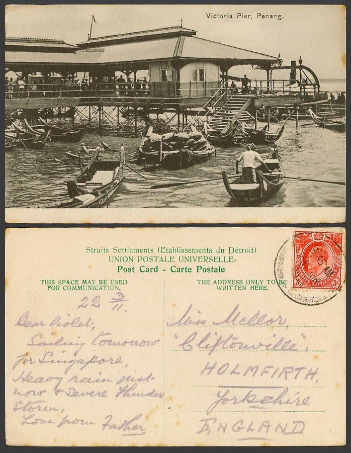 Penang Straits Settlements KE7 3c 1911 Old Postcard Victoria Pier, Boats Harbour