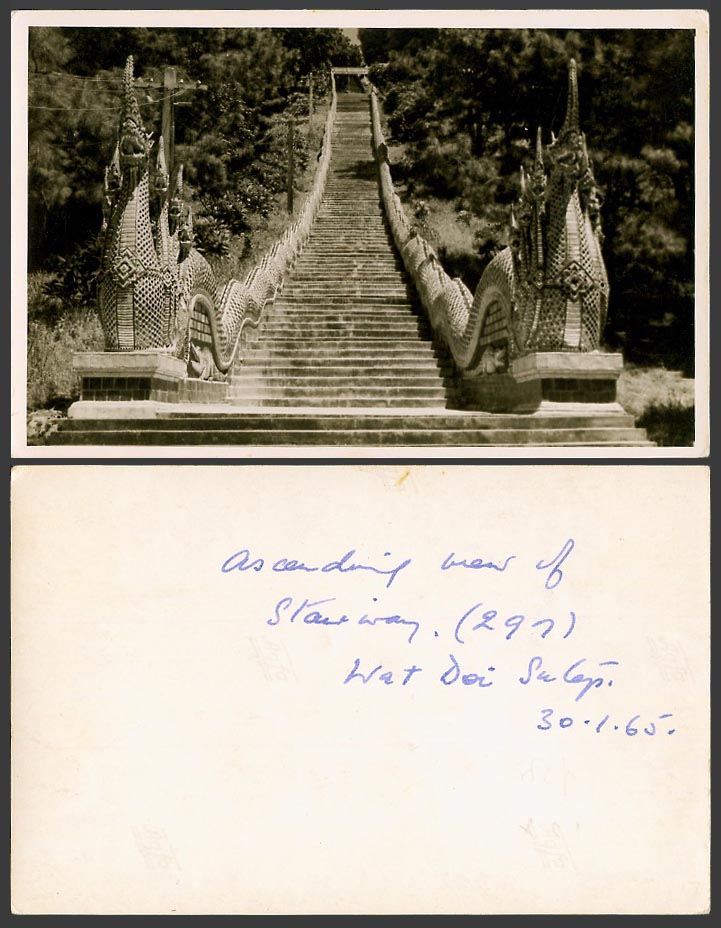 Thailand Stairway of Wat Phra That Doi Suthep Sutep 1965 Old Real Photo Postcard