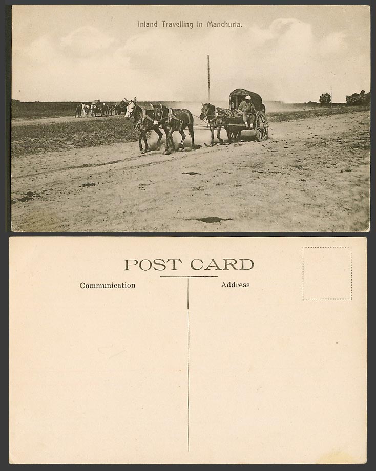 China Old Postcard Inland Travelling in Manchuria Chinese Horse Donkey Mule Cart