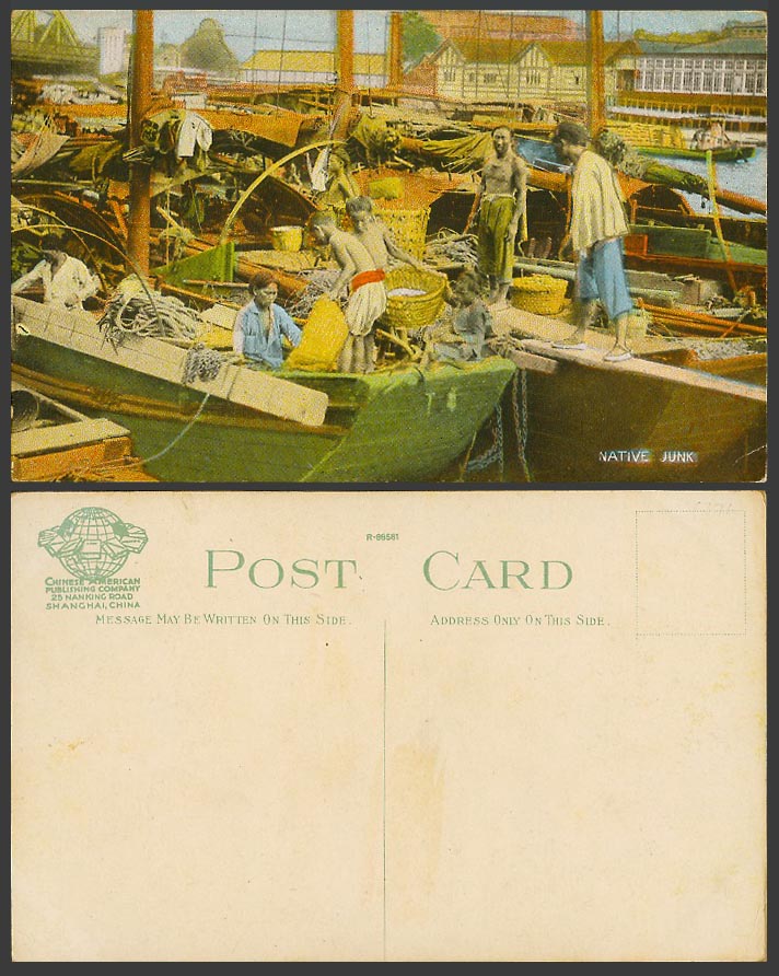 China Old Postcard Native Junk Chinese Sailing Boats Harbour Chinaman Woman Boys