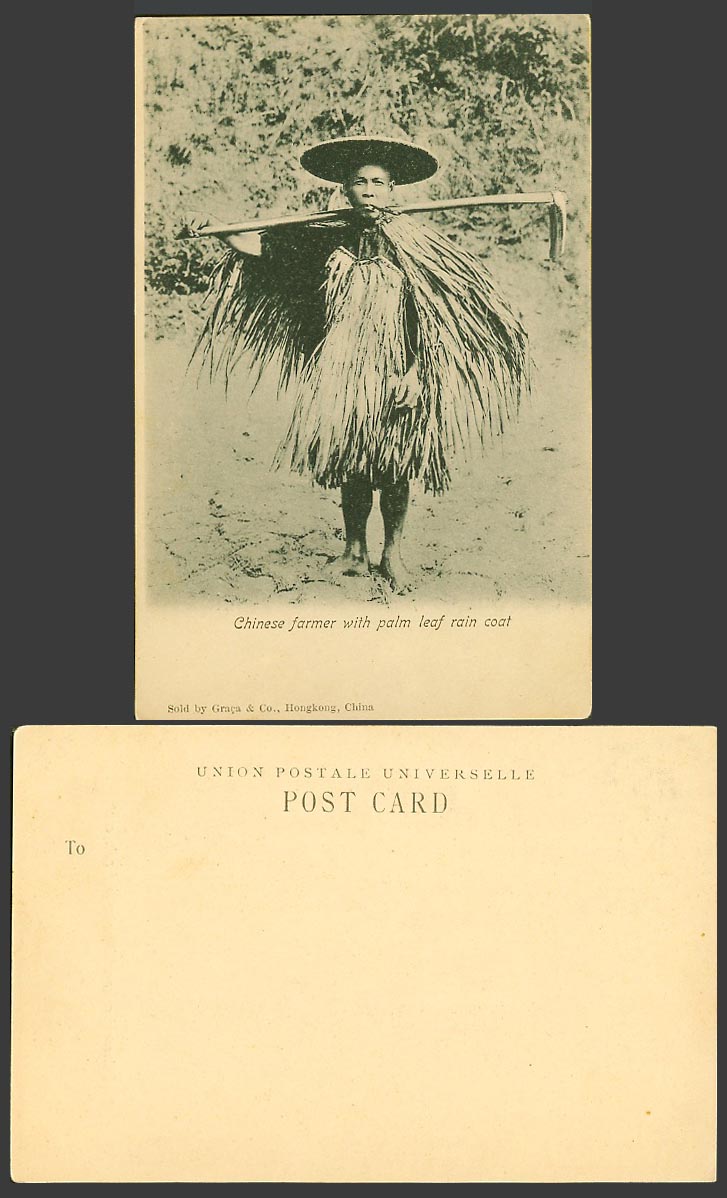Hong Kong China Old UB Postcard Native Chinese Farmer Smoking Palm Leaf Raincoat