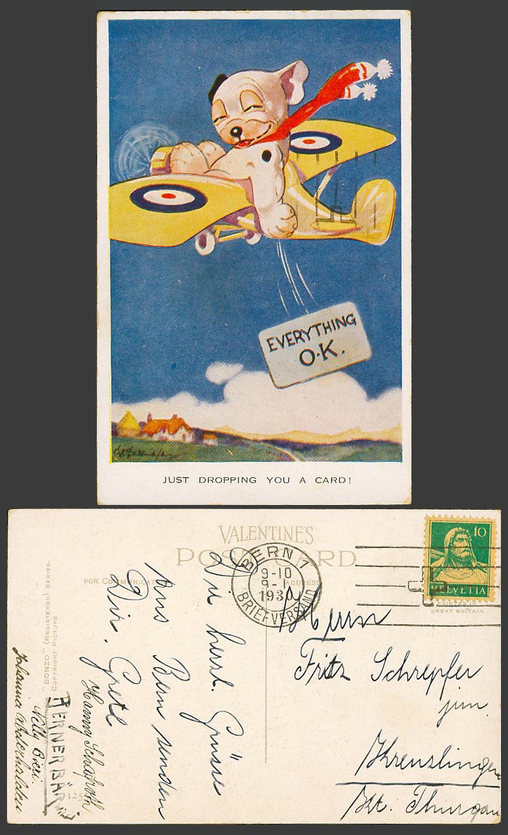BONZO DOG GE Studdy Swiss 10c 1930 Old Postcard Drop You Card Everything OK 1255