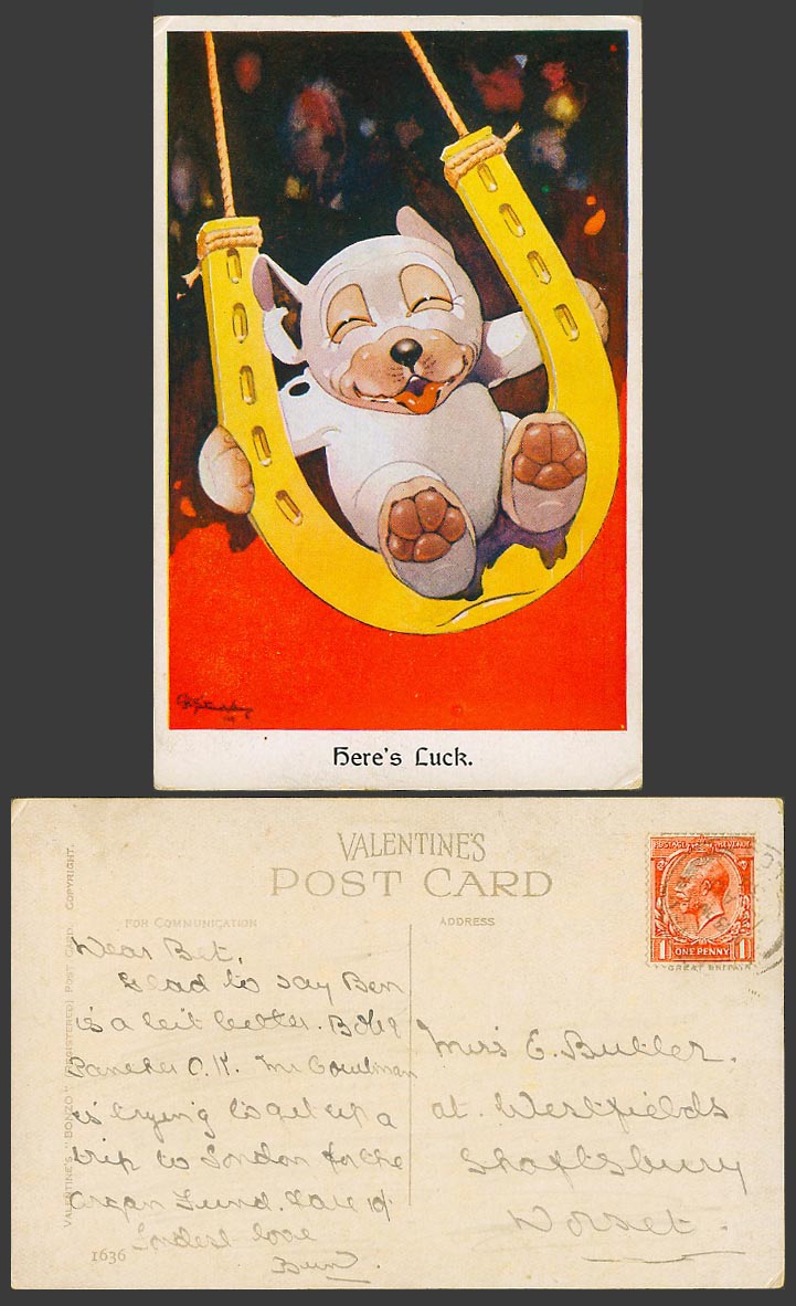 BONZO DOG GE Studdy 1934 Old Postcard Here's Luck. Puppy on Horseshoe Swing 1636