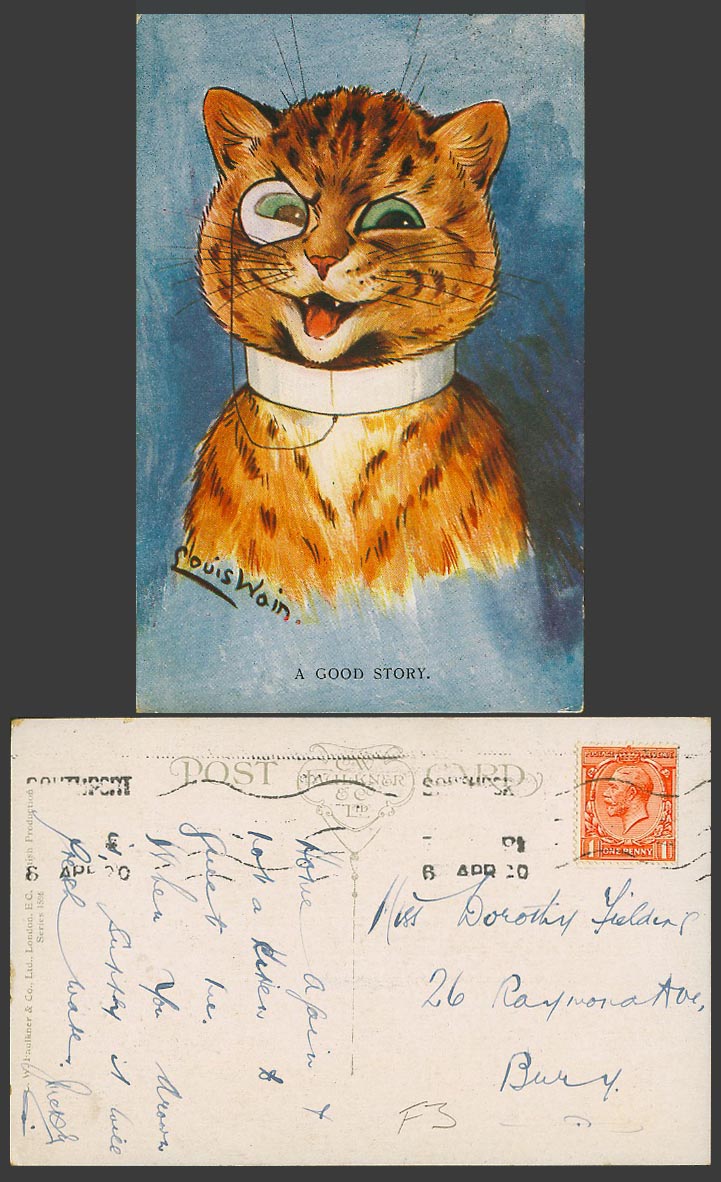 Louis Wain Artist Signed Cat Kitten with Monocle, A Good Story 1920 Old Postcard