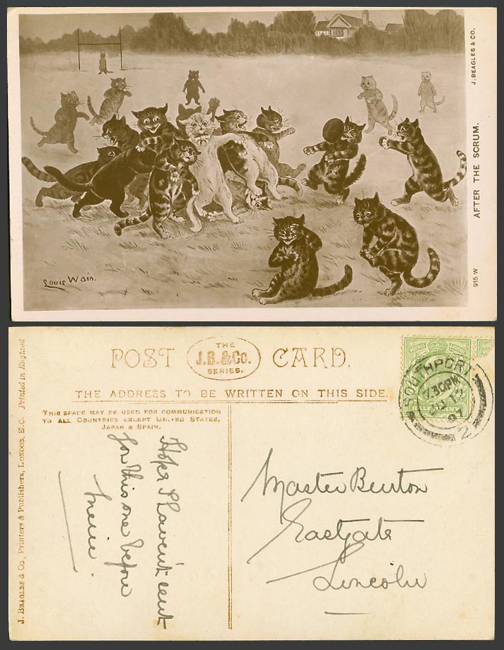 Louis Wain Artist Signed Cats Rugby Football After Scrum is 1907 Old RP Postcard