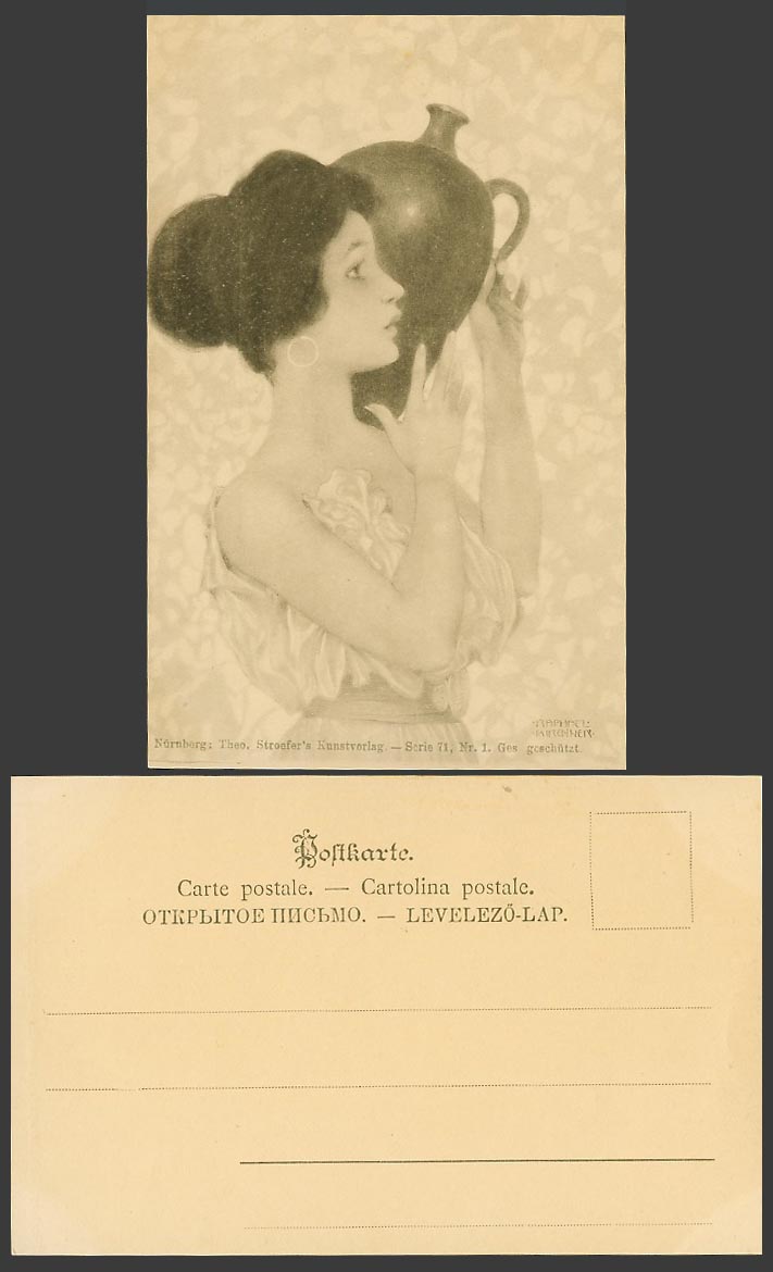 Raphael Kirchner Old Postcard Glamour Lady Woman Girl Carry Pitcher on Shoulder
