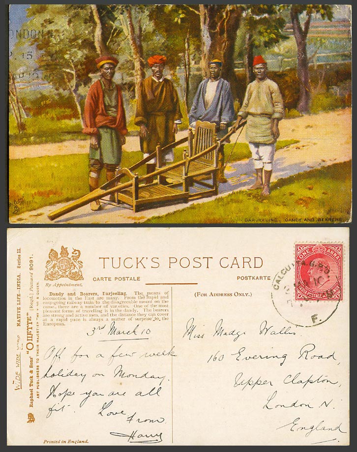 Tibet China 1910 Old Tuck's Oilette Postcard Tibetan Dandy & Bearers, Darjeeling