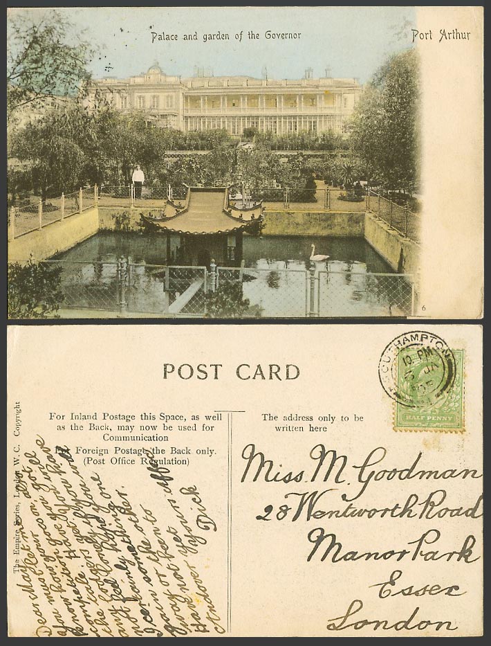 China 1905 Old Hand Tinted Postcard PORT ARTHUR Palace & Garden of Governor Swan