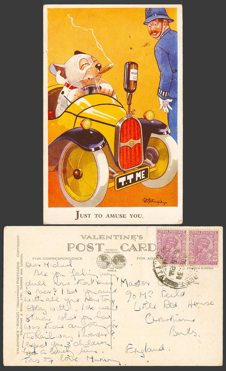 BONZO Dog GE Studdy India 1934 Old Postcard Police Car Just to Amuse You No.2518