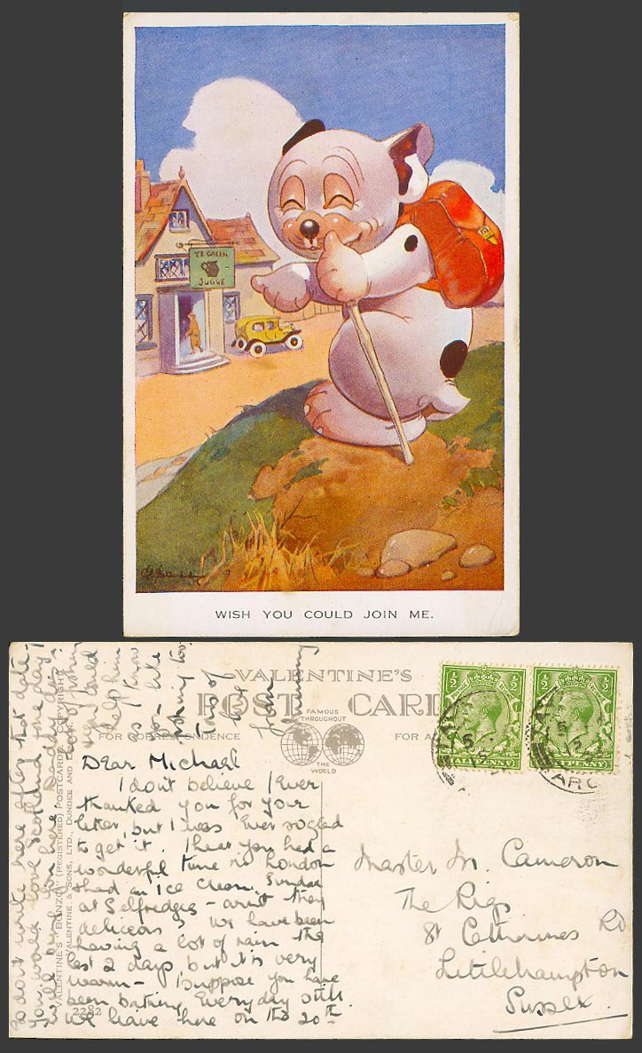 BONZO DOG GE Studdy 1933 Old Postcard Wish You Could Join Me GreenJugge Car 2282