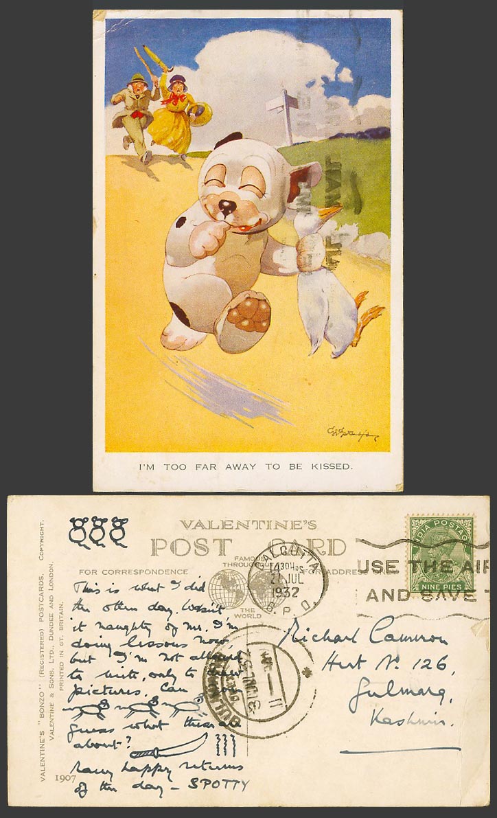 BONZO DOG GE Studdy India 9p 1932 Old Postcard Im too far away to be kissed 1907