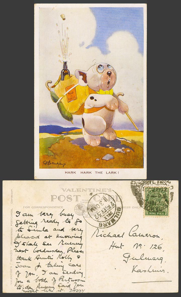 BONZO DOG GE Studdy 1932 Old Postcard Hark Hark The Lark! Puppy, Europe Map 2145