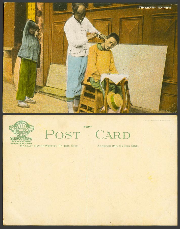 China Old Postcard Chinese Roadside Itinerary Barber at Work Shanghai Little Boy