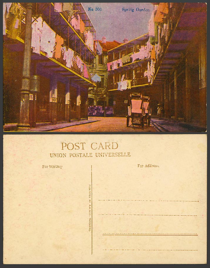 Hong Kong China c.1920 Old Colour Postcard SPRING GARDEN Street Scene Rickshaws