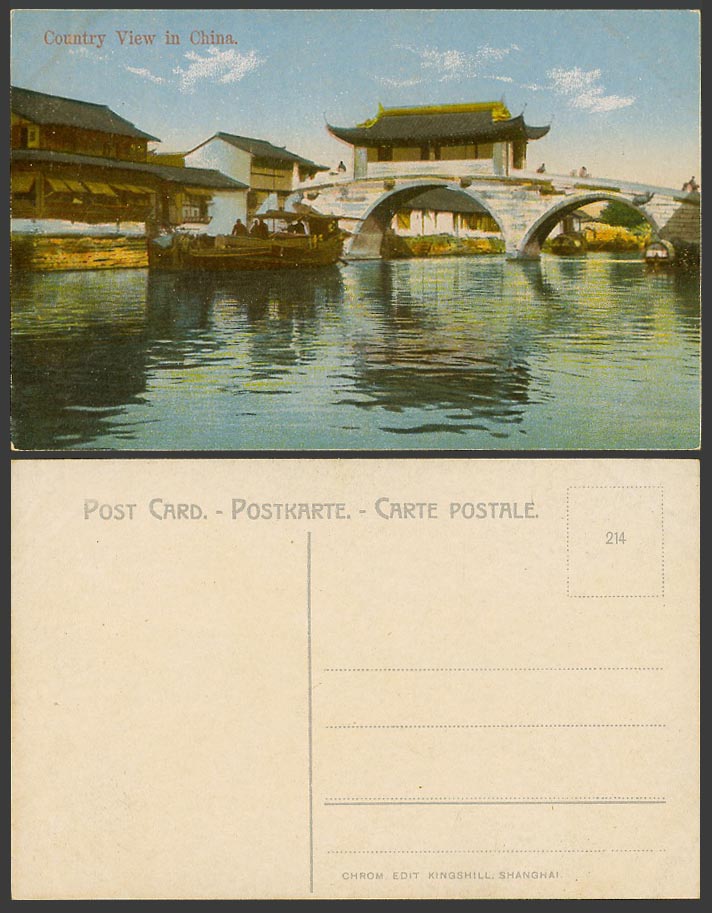China c.1920 Old Colour Postcard Chinese Country View Bridge River Boats Sampans