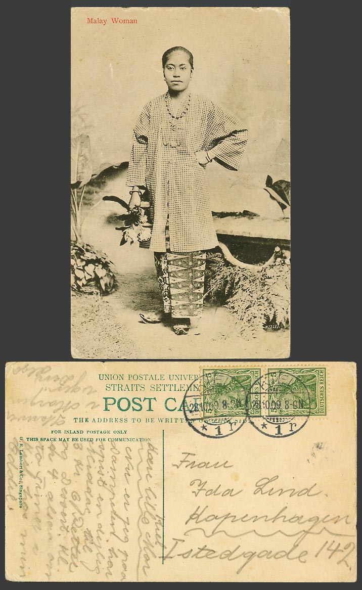 Singapore German 5pf x2 tied Kiel 1909 Old Postcard Malay Woman Flowers Costumes