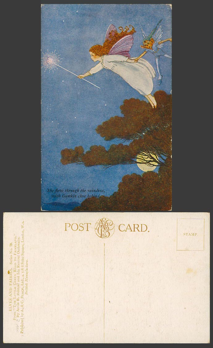 IR OUTHWAITE Old Postcard Fairy She Flew Through Window GUMKIN Close Behind Moon