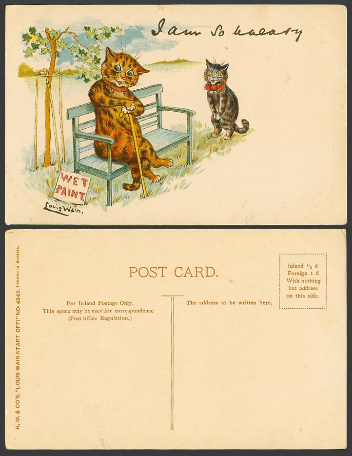 LOUIS WAIN Artist Signed Cat Wet Paint I am so Uneasy Start Off! Old UB Postcard