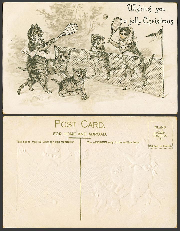 Louis Wain Style Cats Kittens Playing Tennis Wish U Jolly Christmas Old Postcard