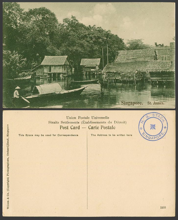 Singapore Old Postcard St. James Native Houses on Stilts Sampan H G Stach Cachet