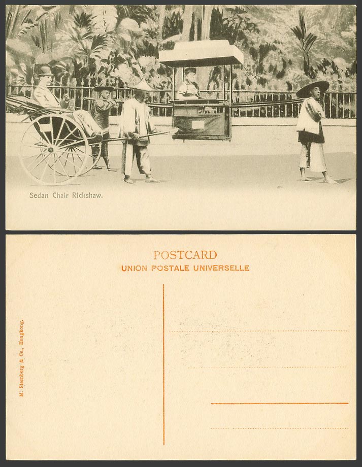 Hong Kong China Old Postcard Man & Woman on Sedan Chair Rickshaw Chinese Coolies