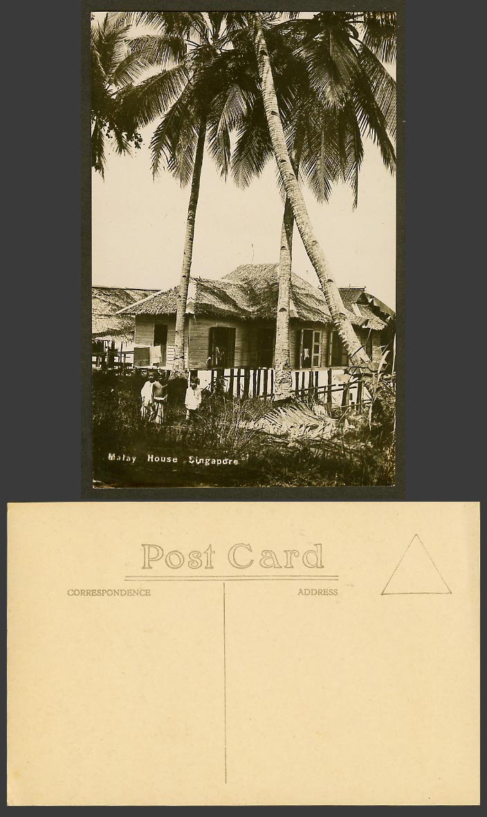 Singapore Old Real Photo Postcard Malay House, Native Children Boys, Palm Trees