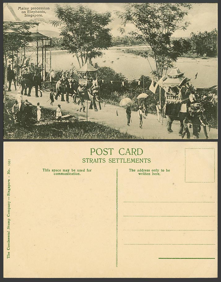 Singapore Old Postcard Malay Procession on Elephants Elephant Rider Street Scene