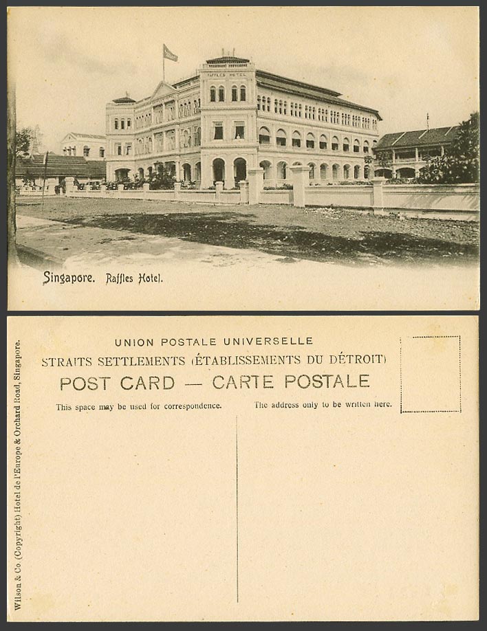 Singapore Old Postcard Raffle's Raffles Hotel and Flag Malay Street Scene Malaya