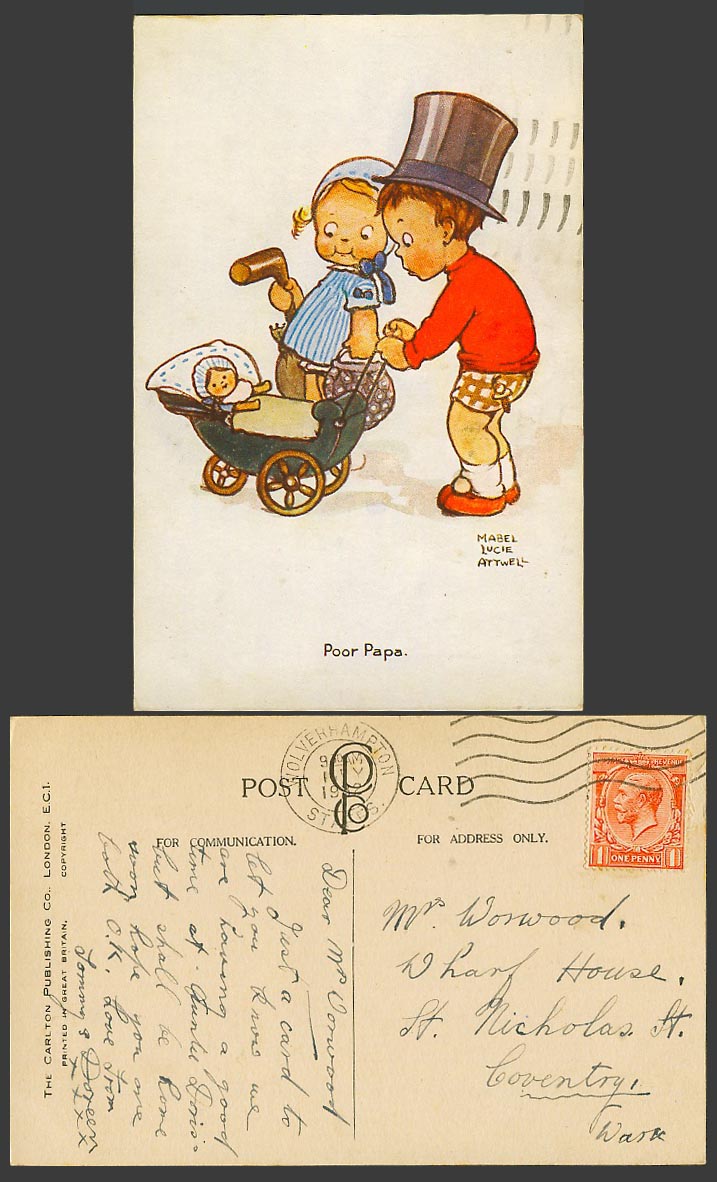 MABEL LUCIE ATTWELL 1932 Old Postcard Poor Papa, Baby Push Chair, Boy Girl, Doll