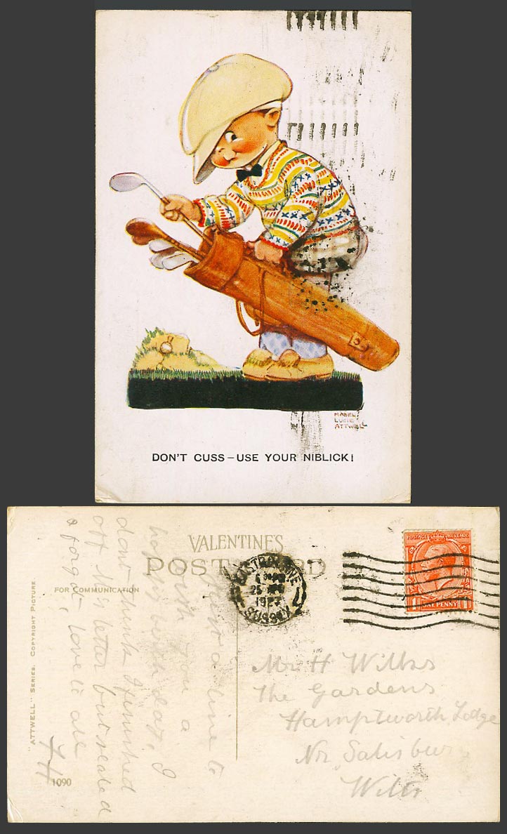 MABEL LUCIE ATTWELL 1927 Old Postcard GOLF Golfing Golfer Cuss, Use Niblick 1090