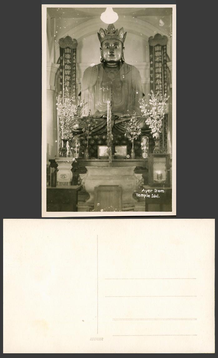 Penang Old Real Photo Postcard Buddha Statue in Chinese Temple Ayer Itam Flowers