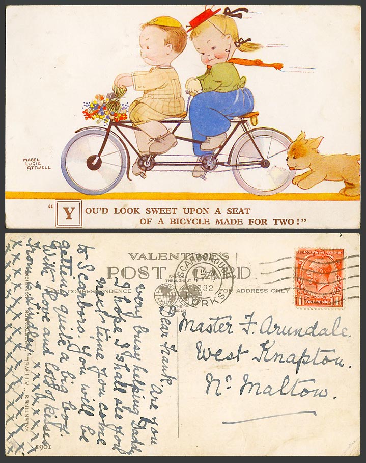 MABEL LUCIE ATTWELL 1932 Old Postcard TANDEM BICYCLE Made For Two Dog Puppy 1901