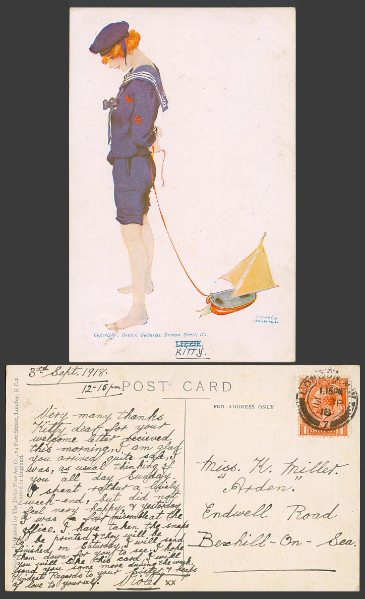 Raphael Kirchner 1918 Old Postcard LIZZIE Sailor Woman Lady Girl with Model Boat