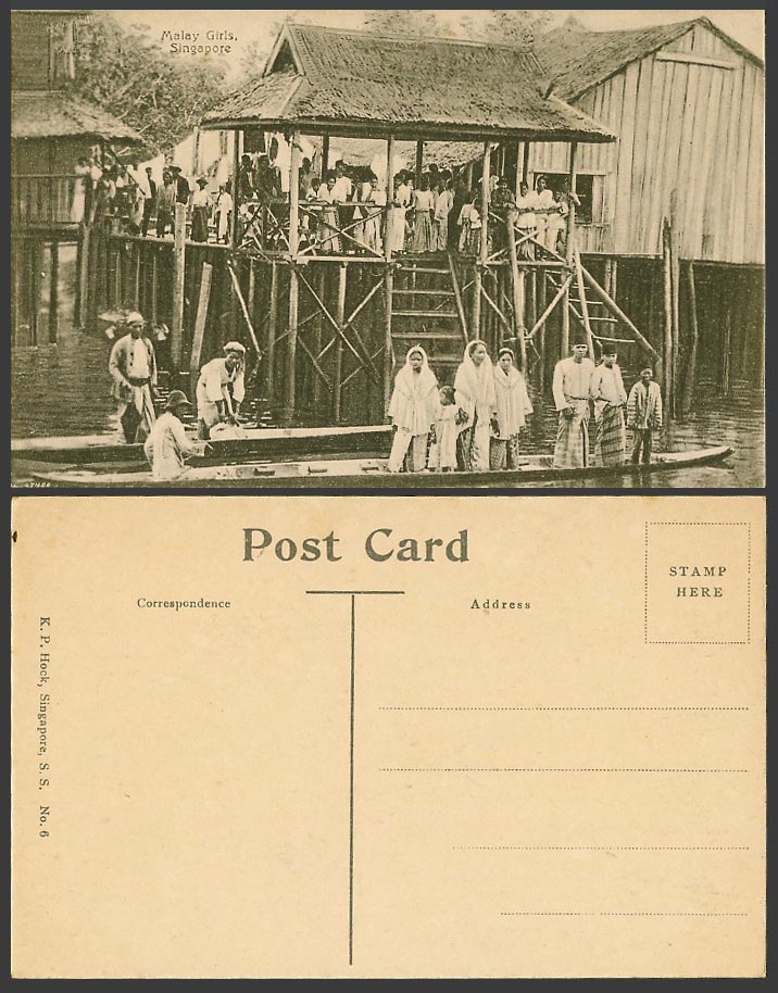 Singapore Old Postcard Malay Girls Women Native Houses on Stilts Canoe Boats N.6