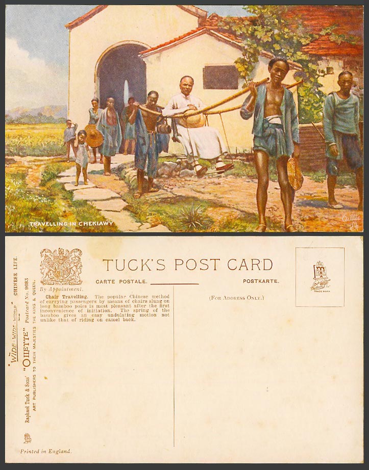China Old Tuck's Oilette Postcard Travelling in Chekiawy w. Bamboo Poles Coolies