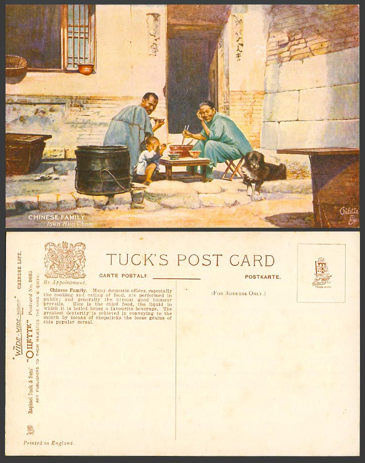 China Old Tuck's Oilette Postcard Chinese Family Isun Hua Chon DOG Man Woman Boy
