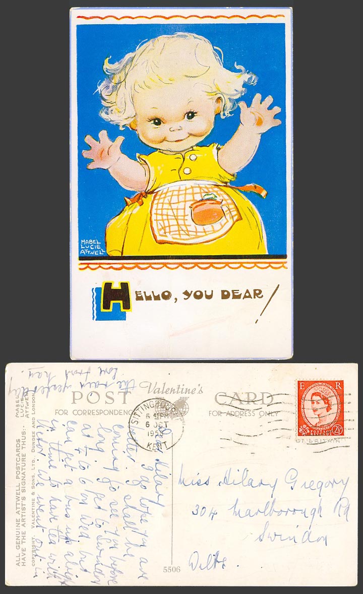 MABEL LUCIE ATTWELL 1958 Old Postcard Hello You Dears! Children Little Girl 5506