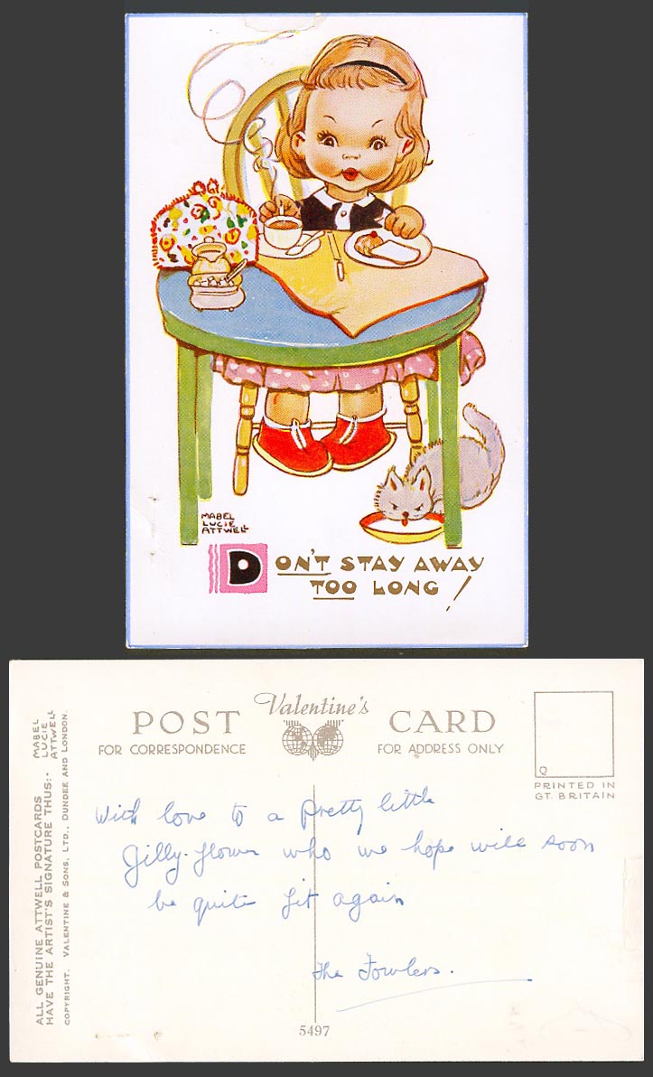 MABEL LUCIE ATTWELL Old Postcard Don't Stay Away Too Long Girl Cup Lake Cat 5497