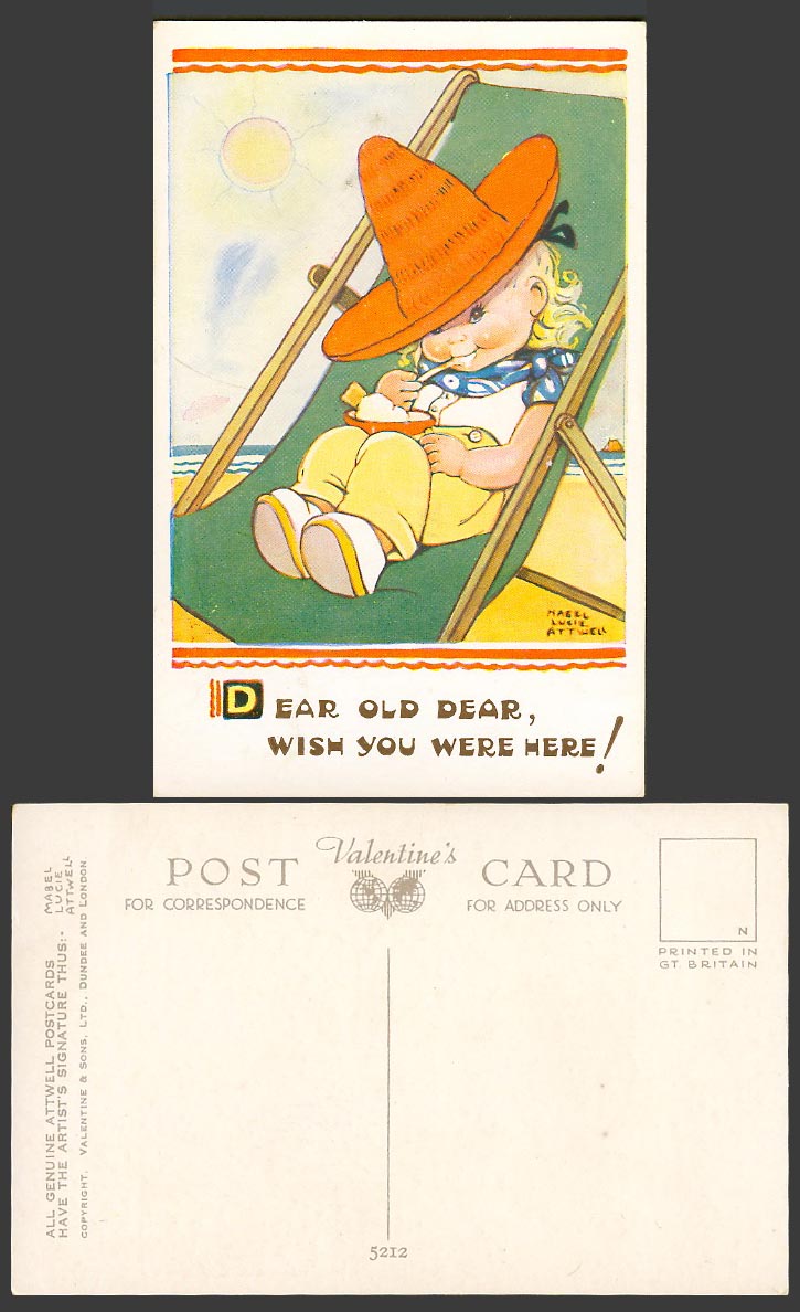 MABEL LUCIE ATTWELL Old Postcard Dear, Wish You Were Here! Ice Cream, Beach 5212