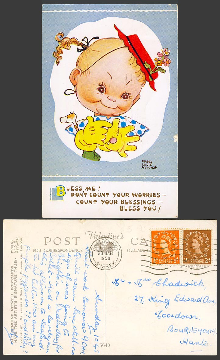 MABEL LUCIE ATTWELL 1958 Old Postcard Don't Count Your Worries C. Blessings 5640
