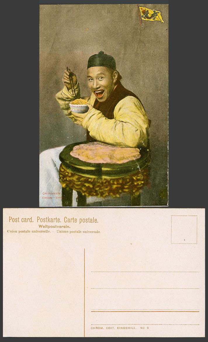 China Old Postcard Chinaman Chow Chow Eating with Bowl & Chopsticks, Dragon Flag