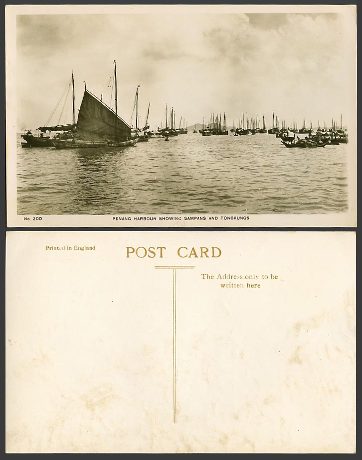 Penang Harbour showing Sampans & Tongkungs Sailing Boats Old Real Photo Postcard