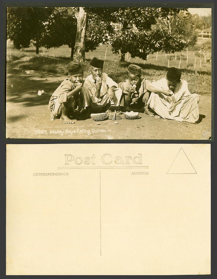 Singapore Old Real Photo Postcard Malay Boys Eating Durian Fruit Fruits Children