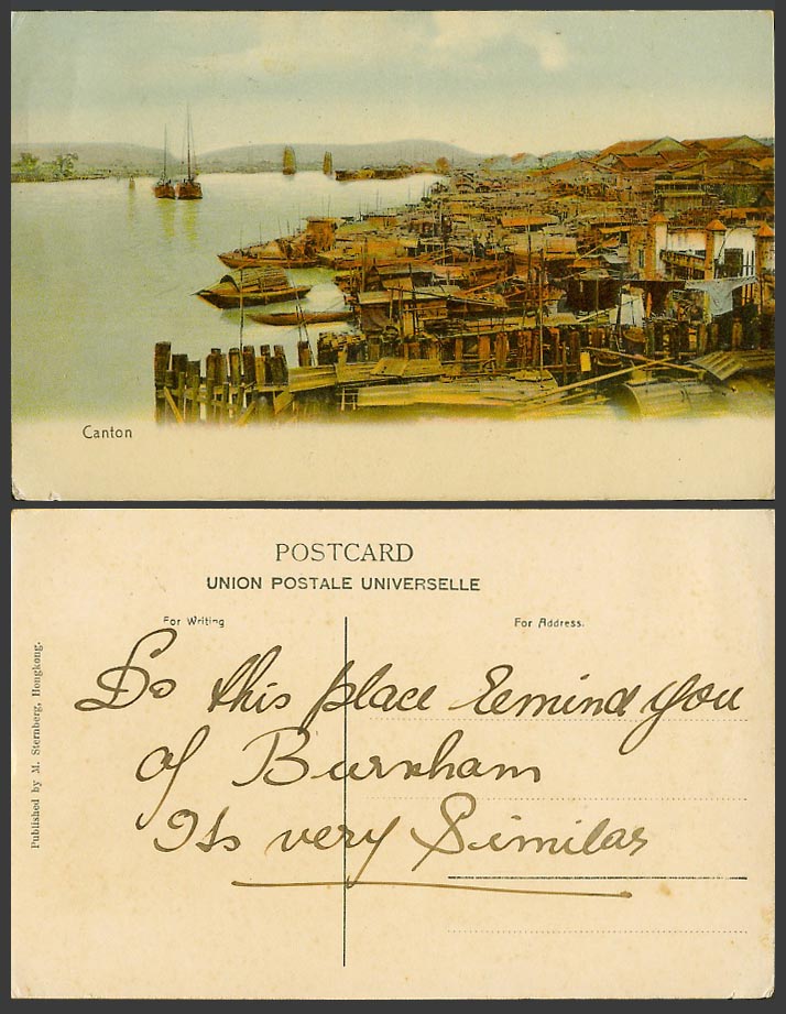 China, Canton River, Sampans Boats Chinese Junk, Harbour, Hong Kong Old Postcard