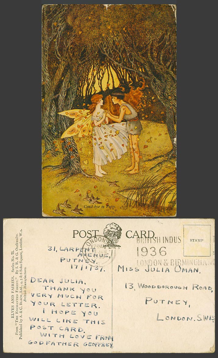 IR & G OUTHWAITE 1936 Old Postcard Good-Bye to Potty Fairy Girl Enchanted Forest