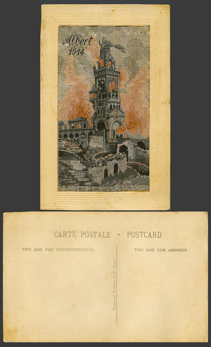WW1 SILK Embroidered French Old Postcard ALBERT 1914 on FIRE 1st World War Ruins