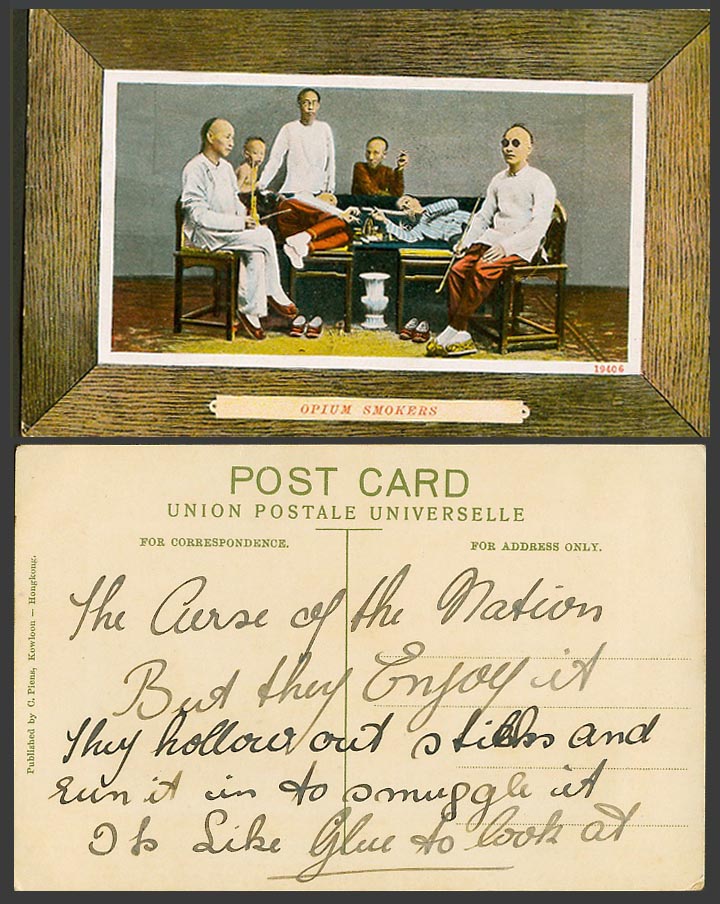 China Hong Kong Old Colour Postcard Chinese OPIUM Smokers, Blind Vase Little Boy