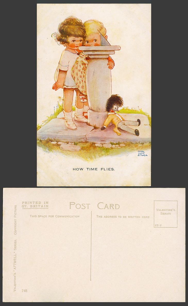 MABEL LUCIE ATTWELL Old Postcard How Time Flies. Sundial Little Boy and Girl 748