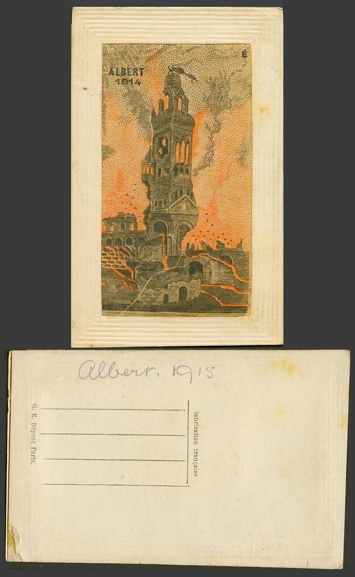 WW1 SILK Embroidered 1915 Old Postcard ALBERT 1914 on FIRE 1st World War, France